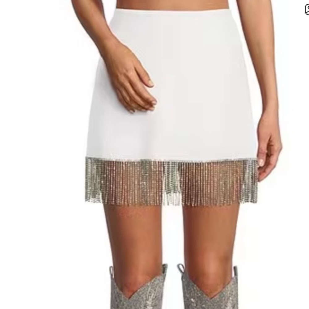 Gianni Bini White Mini Skirt with Silver Fringe